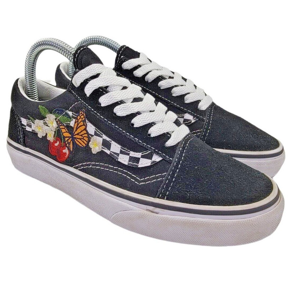 Vans Women's Black Suede Checkered Floral Butterfly Cherries Skate Shoes Sz 7